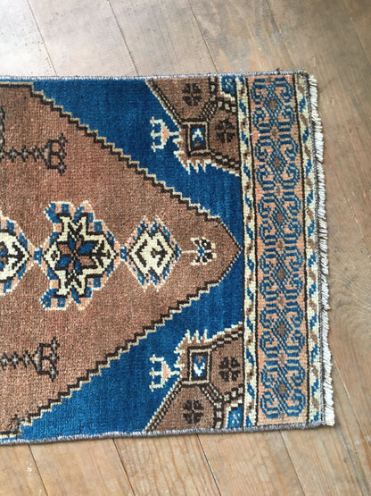 1.3x3 feet handmade turkish mini rug, vintage brown wool kitchen floor mini rug, small handmade blue laundry rug, small bath mat, mini rug