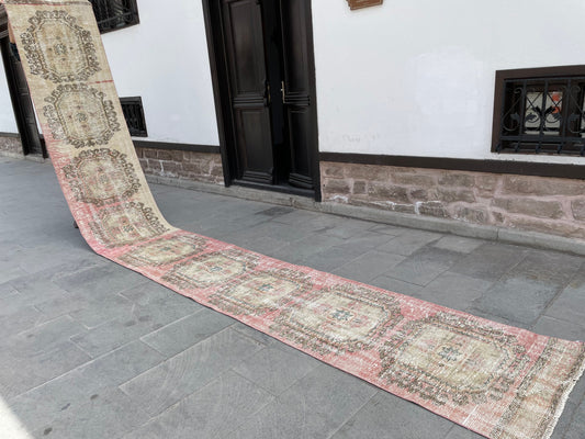 Muted Hand Knotted Extra Long Turkish Runner Distressed 2.4 x 18.6 Stairs Runner Rug Vintage Runner Rug XL Oriental Runner Staircase Runner