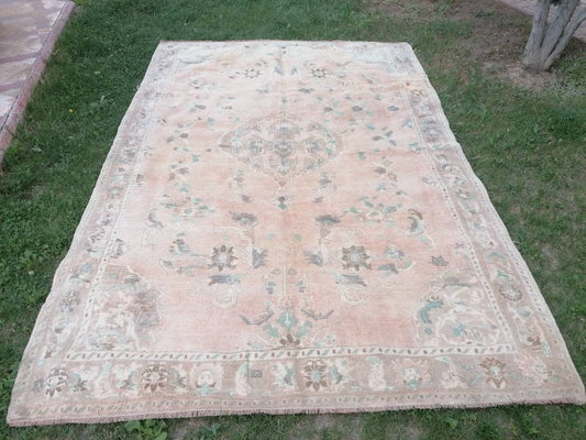 Faded turkish oushak rug 6'7x9'6 large vintage oushak rug, unique hand made rug, bohemian rug