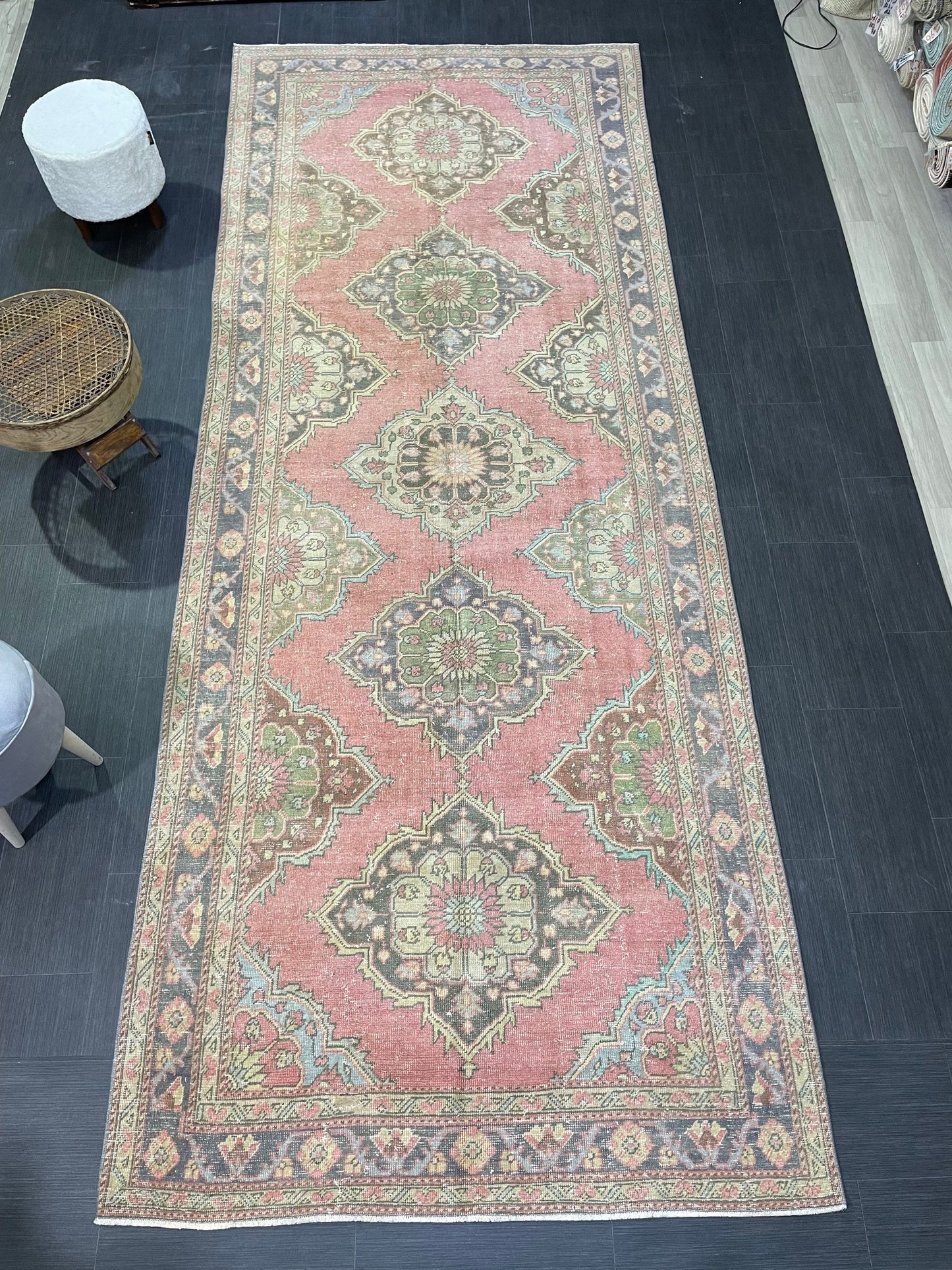 Vintage Runner rug, Persian 5 x 12.6  Runner RUG, TURKISH Runner, Pink Runner Rug, Turkish Oushak Rug, Wool Runner Rugs, Handmade Runner