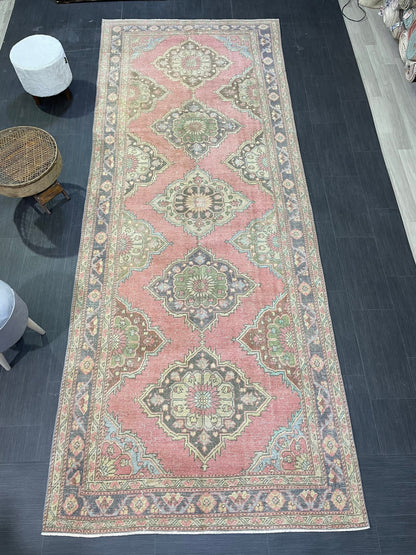 Vintage Runner rug, Persian 5 x 12.6  Runner RUG, TURKISH Runner, Pink Runner Rug, Turkish Oushak Rug, Wool Runner Rugs, Handmade Runner