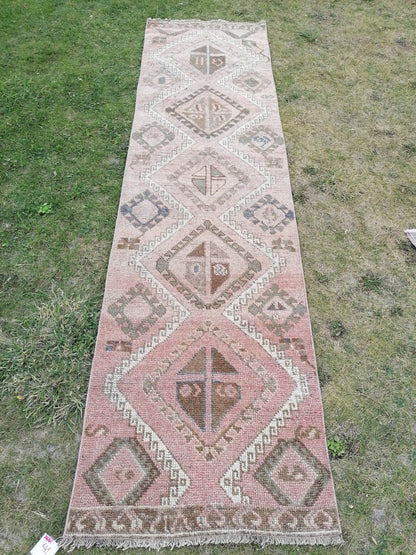 3x11 long persian motif runner rug, handmade wool brown entryway runner, turkish anatolian runner, kitchen oushak runner,vintage hallway rug