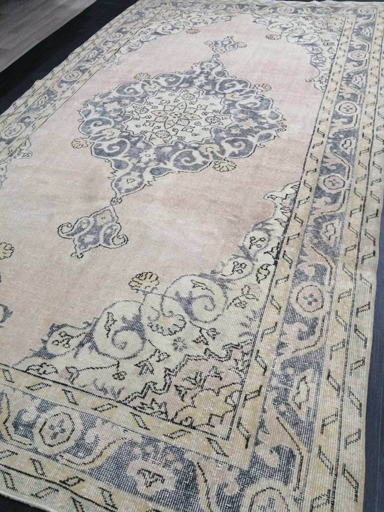 Antique OUSHAK RUG 6.5 x 11.3 Distressed TURKISH  Rug Muted Vintage Rug ,Vintage  Rug Wool Oushak Rug Hand Made Rugs Vintage Muted Rug
