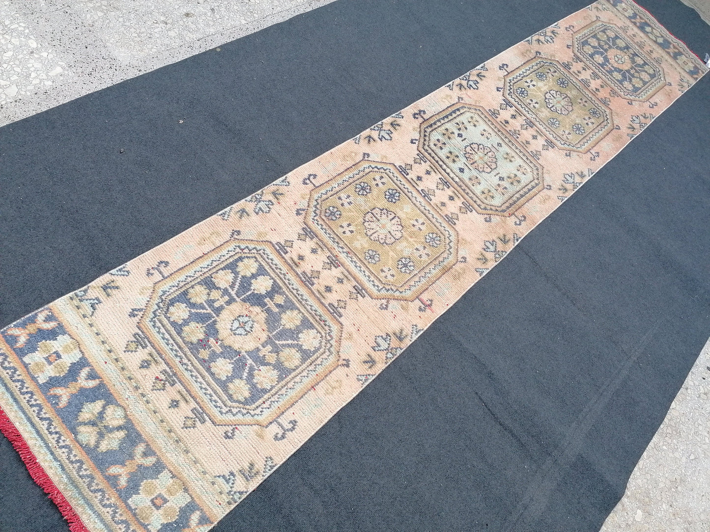 2'3x11'8 oushak turkish runner rug,turkish wool runner rug,hallway runner, vintage blue runner rug, vintage green runner rug,kitchen runner