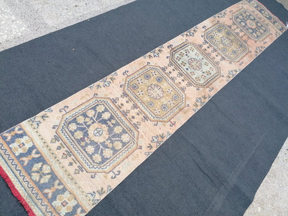 2'3x11'8 oushak turkish runner rug,turkish wool runner rug,hallway runner, vintage blue runner rug, vintage green runner rug,kitchen runner
