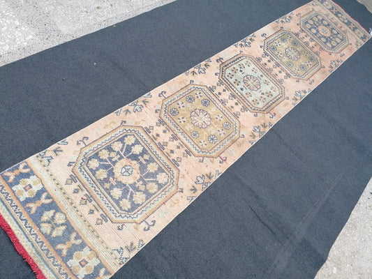 2'3x11'8 oushak turkish runner rug,turkish wool runner rug,hallway runner, vintage blue runner rug, vintage green runner rug,kitchen runner