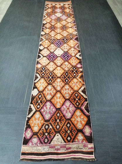 Vintage Runner Rug 2.6 x 13.6 Turkish runner rug , Medium Wool Pile Runner , Brown Oushak rug, Hallway Rug runner , Earth Tones Runner Rug