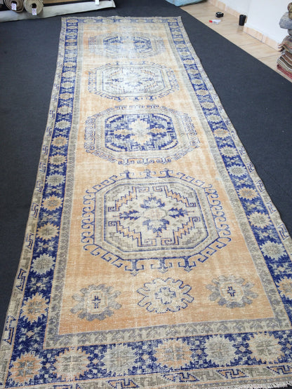 13.3 x 4.6 Oushak Runner Rug Turkish Runner Rug Vintage Runner Rug Hallway Runner Rug Kitchen Runner Rug Wool Runner Rug Wool blue dyes