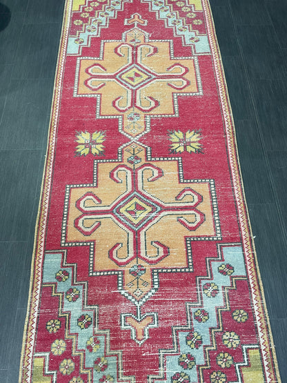 Turkish Runner Rug, Vintage Runner 3.4 x 9.3 Rug, Hallway Runner Rug, Kitchen Runner Rug, Persian Runner, Handmade Rug