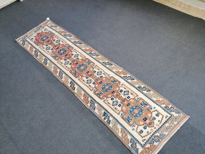 Hallway wool runner rug, handmade runner rug 2'2x8'6 blue bohemian rug, vintage oushak runner, turkish runner rug
