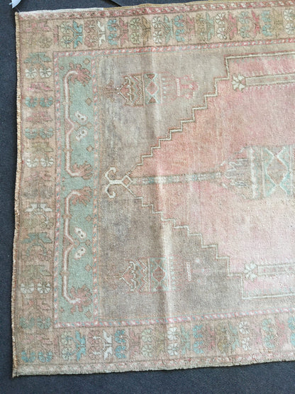 3x6 feet turkish oushak large rug, pastel vintage living room wide rug, muted handmade wool bedroom rug, kitchen area rug, bathroom area rug