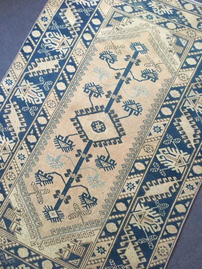 4x6 feet wool turkish kitchen floor wide rug, handmade oushak muted blue bedroom area rug, vintage living room large rug, laundry area rugs