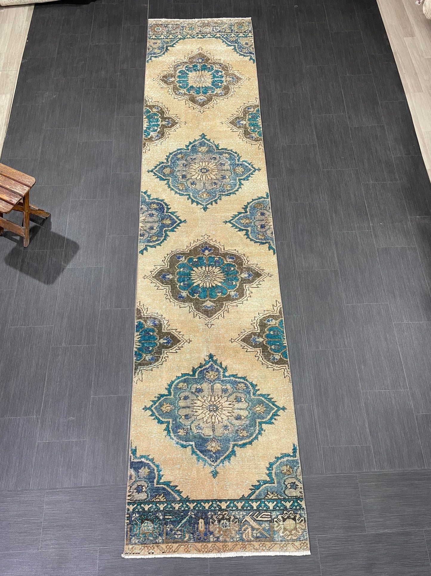 Distressed Handmade Runner Rug 2.8 x 12.4 Turkish Runner Rug Vintage Runner Rug Hallway Runner Rug Kitchen Runner Rug Wool Runner Rug