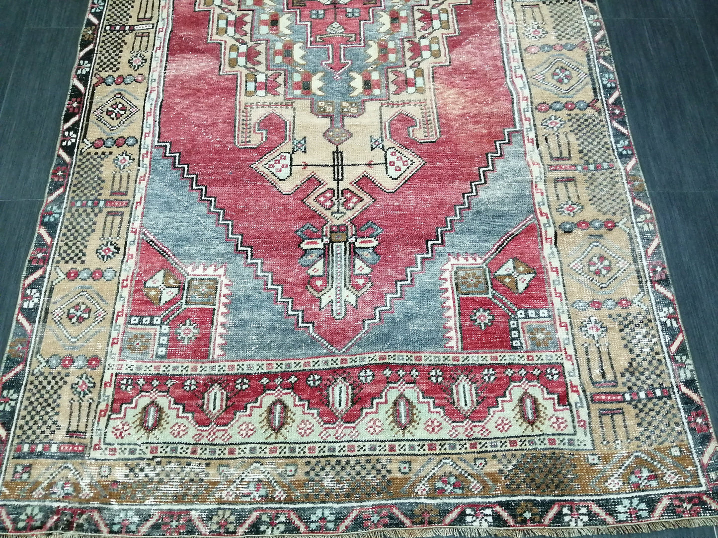 Muted OUSHAK RUG 4.2 x 8.3  Muted Vintage Rug Vintage Rug  Ice Blue Wool Oushak Rug Hand Made Rugs Vintage Turkish Rug