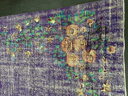 Vintage Rug 7 x 10.8 TURKISH Handmade Rug Violet Purple Vintage Hand Knotted Rug Distressed Persian Rug Oushak Rug, Wool Rug