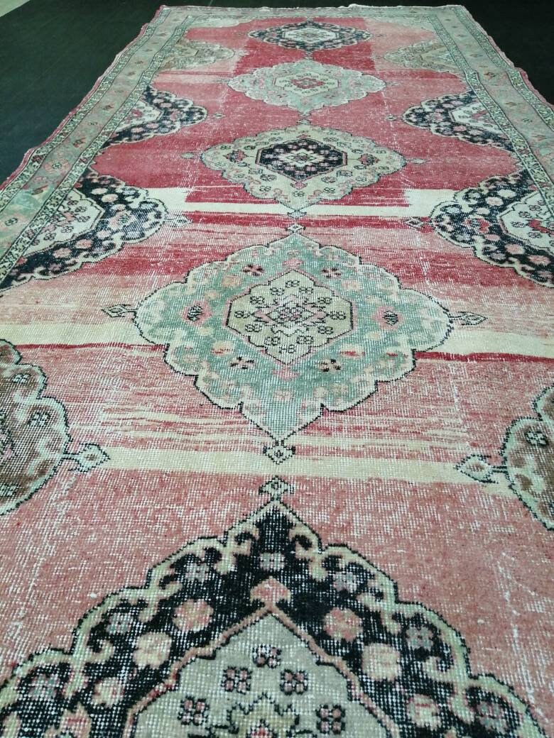 Vintage Runner 4.8 x 12.4 TURKISH Muted Runner Rug Vintage Oushak Runner Rug Light Pink Runner Rug Wool Oriental Runner Antique Runner Rug
