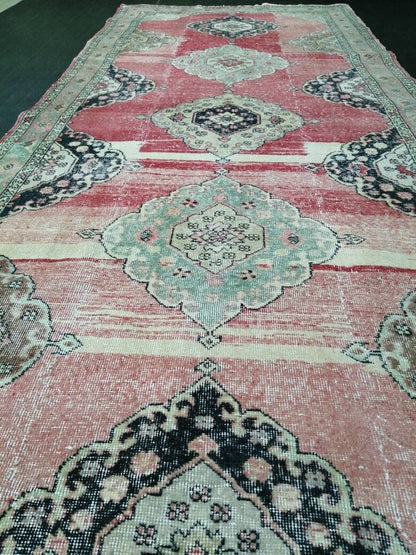 Vintage Runner 4.8 x 12.4 TURKISH Muted Runner Rug Vintage Oushak Runner Rug Light Pink Runner Rug Wool Oriental Runner Antique Runner Rug