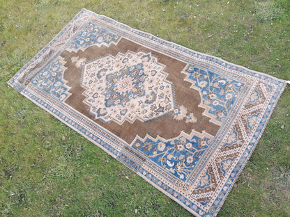 Vintage turkish rug 8'8x4'9 blue anatolian wool rug, are oushak rug, kitchen rug,room rug, unique hand made bohemian rug
