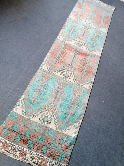 12'x2'11 vintage blue runner rug, vintage hallway runner, vintage kitchen runner rug, vintage anatolian rug