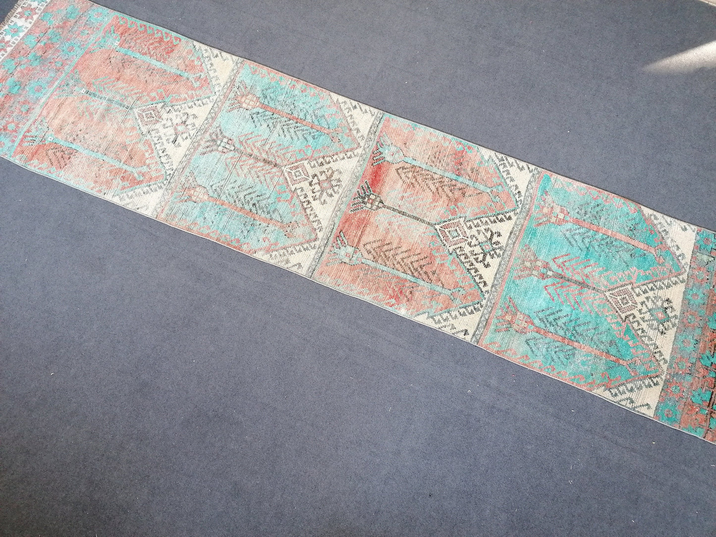 12'x2'11 vintage blue runner rug, vintage hallway runner, vintage kitchen runner rug, vintage anatolian rug