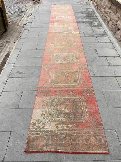 Wool Extra Long Turkish Runner Rug, Very Long Oushak Runner 2.7 x 18.9 ft Rug, Vintage Runner Rug, XL Handmade Runner Rug Staircase carpet