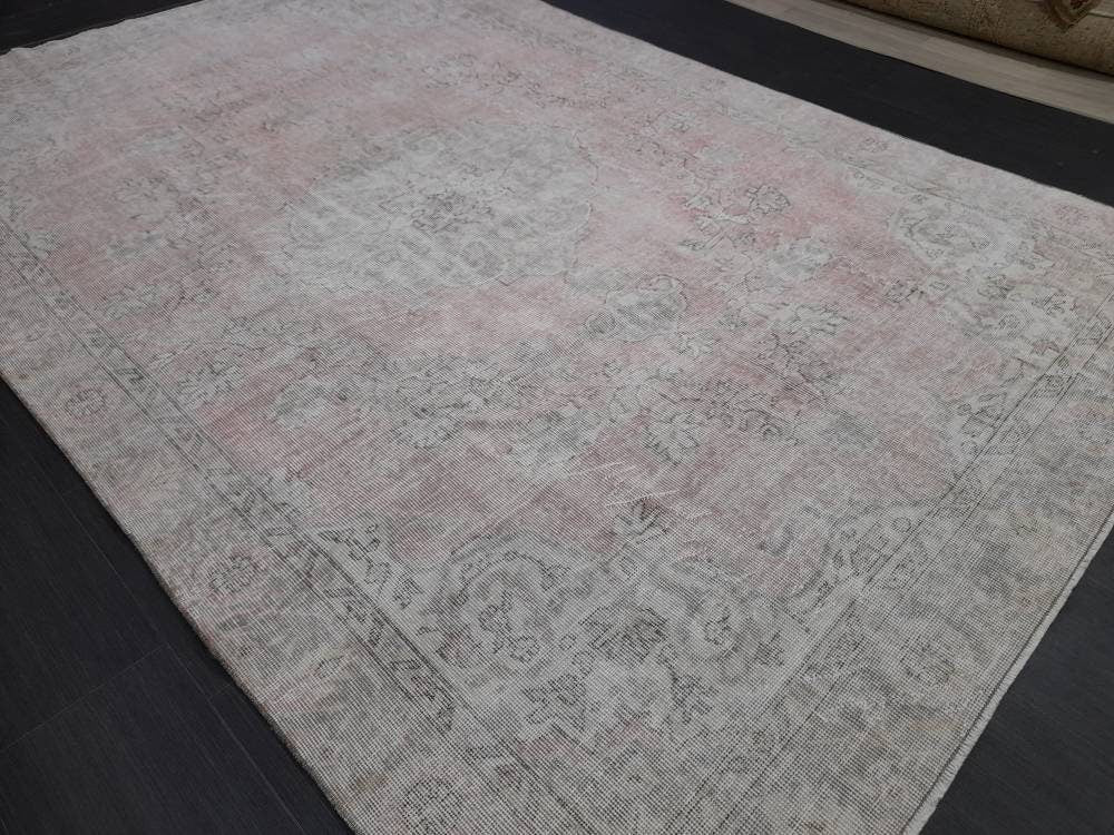 WOOL Distressed RUG 6.5 x 10 Turkish Oushak Rug Large Vintage Rug Tint of Pink Vintage Hand Made Persian Rug Muted Vintage Turkish Rug 7x10