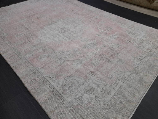 WOOL Distressed RUG 6.5 x 10 Turkish Oushak Rug Large Vintage Rug Tint of Pink Vintage Hand Made Persian Rug Muted Vintage Turkish Rug 7x10