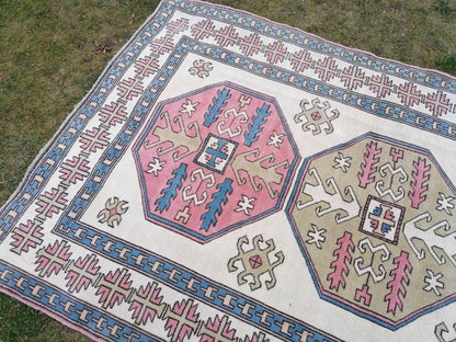 Bohemian pink color rug, pastel green oushak blue rug , turkish wool rug, handmade living room rug 5'9x9'5 feet