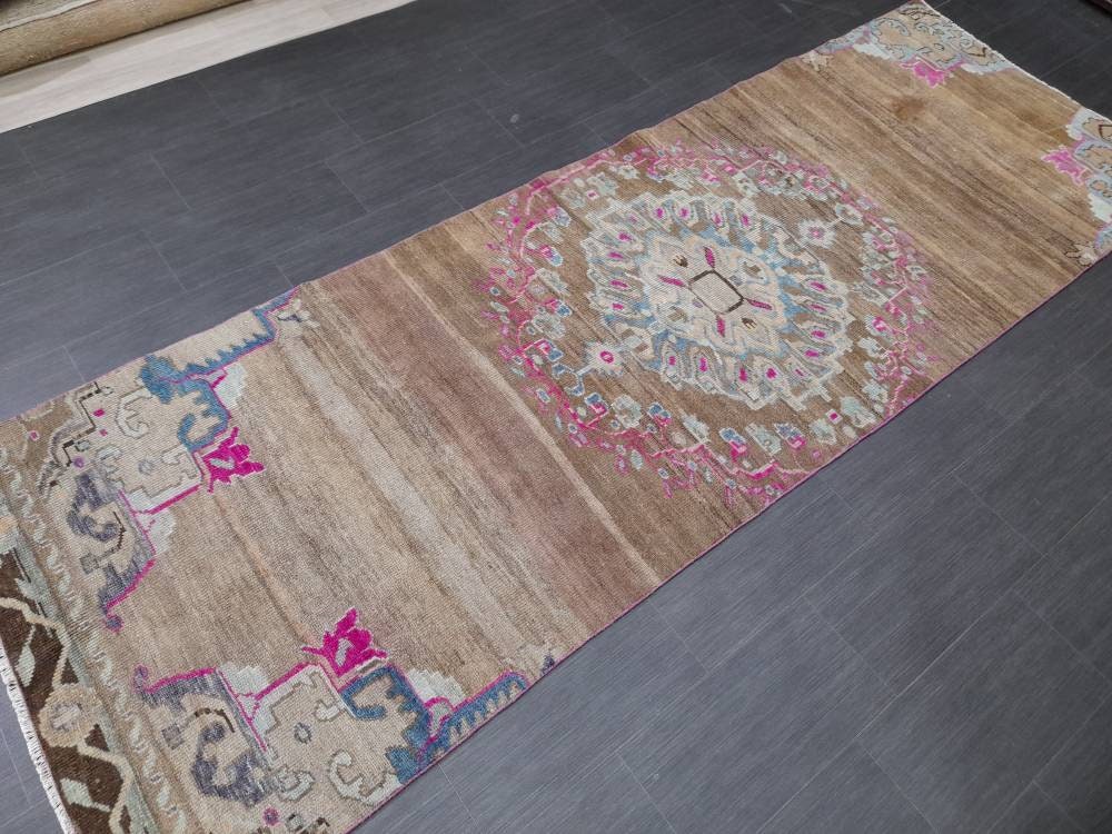 Vintage Runner Rug 3.6 x 10.5 Turkish Runner Rug Varigated  Brown Vintage Runner Rug Hallway Runner Rug Kitchen Runner Rug Wool Runner