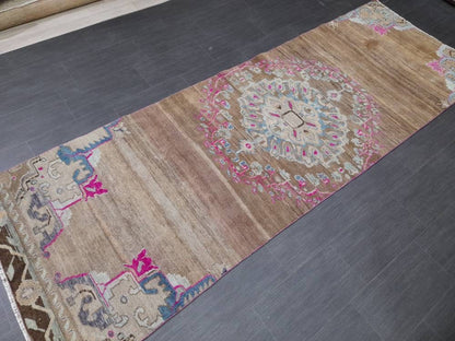 Vintage Runner Rug 3.6 x 10.5 Turkish Runner Rug Varigated  Brown Vintage Runner Rug Hallway Runner Rug Kitchen Runner Rug Wool Runner