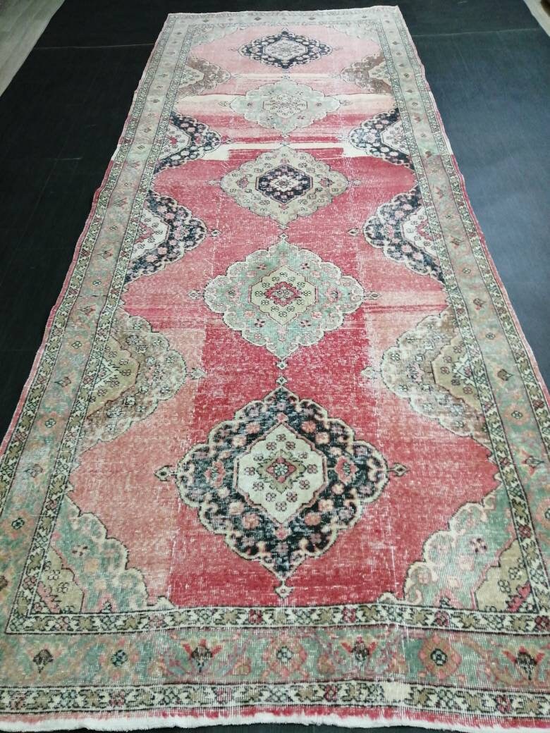 Vintage Runner 4.8 x 12.4 TURKISH Muted Runner Rug Vintage Oushak Runner Rug Light Pink Runner Rug Wool Oriental Runner Antique Runner Rug