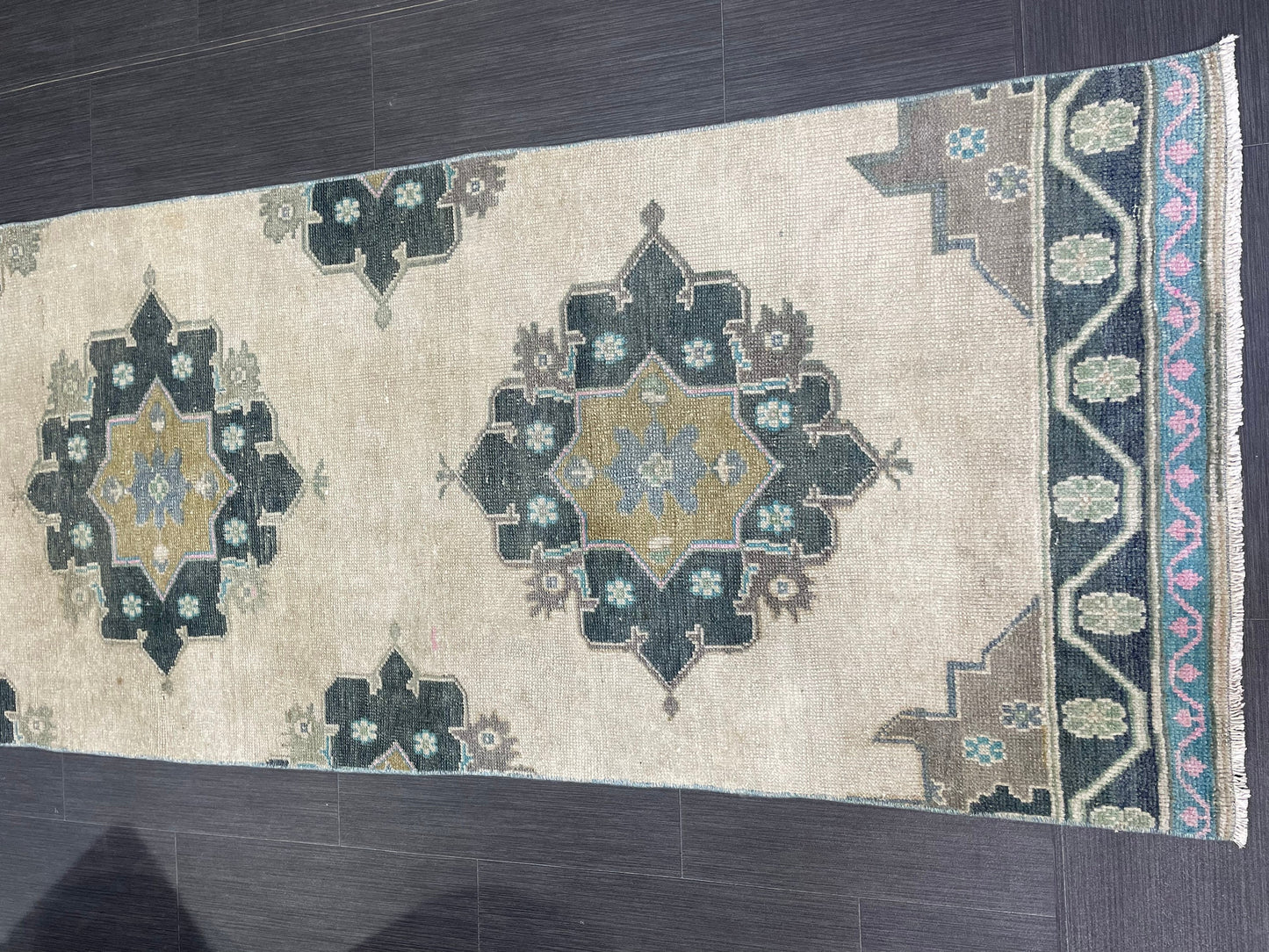 Muted Handmade Runner Rug Turkish Runner 2.7 x 11 Rug Vintage Runner Rug Hallway Runner Rug Kitchen Runner Rug Green Hand Knotted Runner
