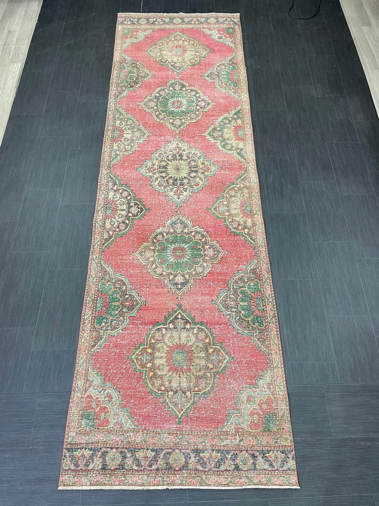 Vintage Runner Rug 3.7 x 12.6 Muted Turkish Runner Rug Hand Made Runner Rug Vintage Runner Rug Hallway Runner Rug Distressed Runner