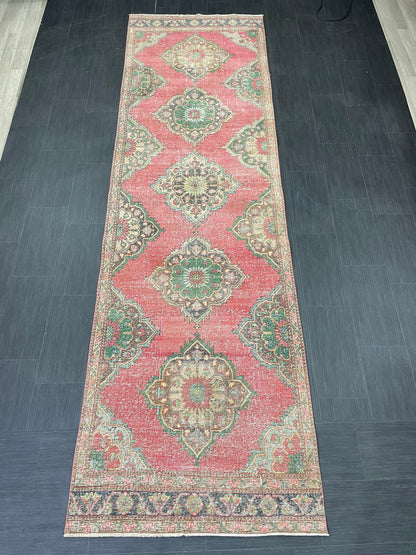 Vintage Runner Rug 3.7 x 12.6 Muted Turkish Runner Rug Hand Made Runner Rug Vintage Runner Rug Hallway Runner Rug Distressed Runner