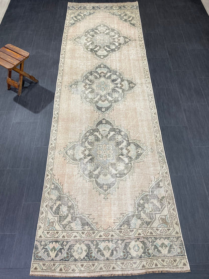 3.4 x 11.2 Faded Oushak Runner Rug Turkish Runner Rug Distressed Vintage Runner Rug Hallway Runner Kitchen Runner Wool Pastel Pink And Green
