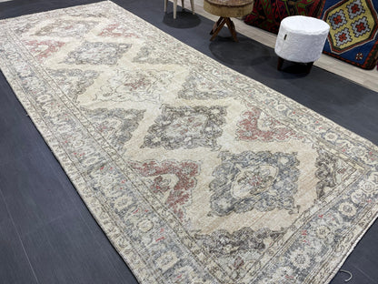 Vintage Runner 4.9 x 12.7 Rug, Turkish Runner Rug, Faded Distressed Runner Rug,Hallway Runner Rug Neutral Kitchen Runner Rug
