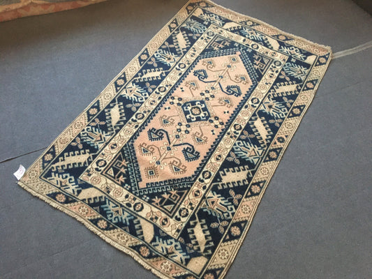 4x6 feet handmade blue turkish rug, vintage muted oushak bedroom rug, large bathroom floor rug, kitchen area wide rug,laundry large wool rug