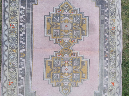 4x6.5 feet oushak turkish bathroom rug, vintage handmade wool rug, kitchen area medium size rug, living room rug, laundry rug,faded blue rug