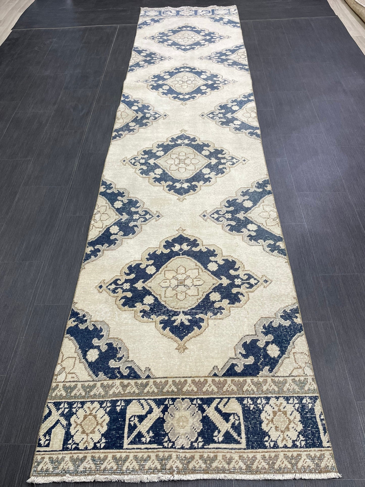 WOOL Handmade Runner Rug Turkish Runner Rug 2.7 x 12.3 Muted Vintage Hallway Runner Rug Kitchen Runner Rug Persian Runner Rug Navy