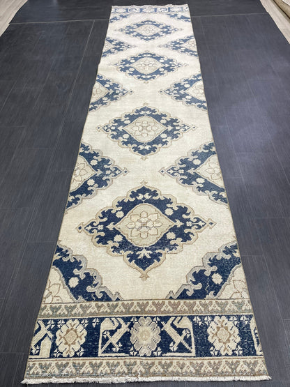 WOOL Handmade Runner Rug Turkish Runner Rug 2.7 x 12.3 Muted Vintage Hallway Runner Rug Kitchen Runner Rug Persian Runner Rug Navy
