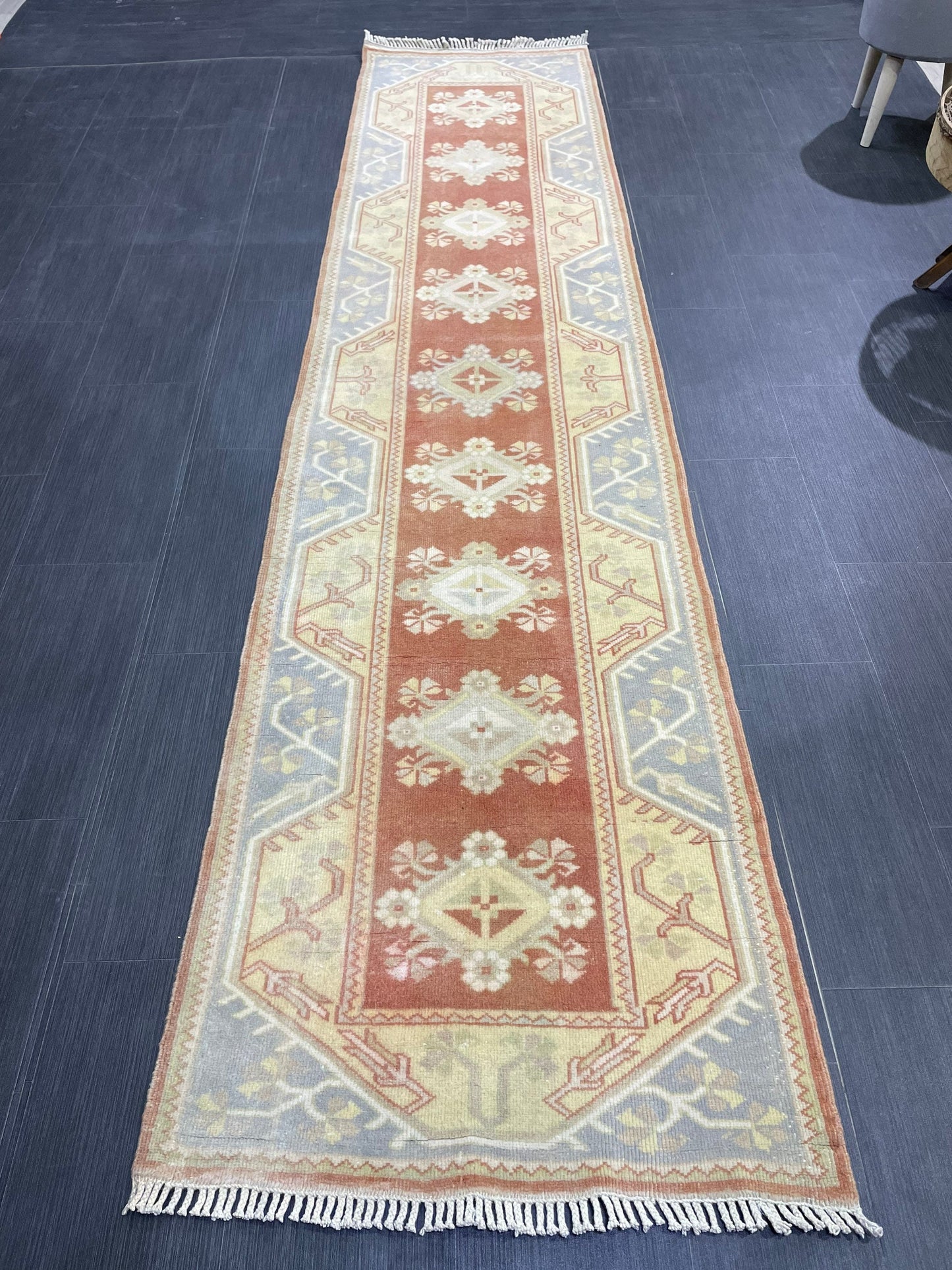 Vintage Hand Knotted Rug, Natural Wool Runner 2.7 x 10.5 Rug, Handmade Runner Rug, Turkish Runner Rug, Muted Runner Rug, Wool Kitchen Runner