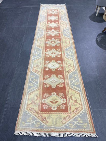Vintage Hand Knotted Rug, Natural Wool Runner 2.7 x 10.5 Rug, Handmade Runner Rug, Turkish Runner Rug, Muted Runner Rug, Wool Kitchen Runner