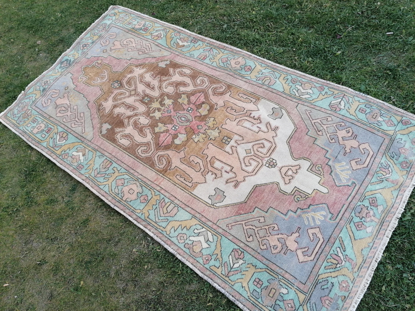 Vintage oushak hand made wool rug 4’4.8’3 kitchen rug, bohemian rug, area rug