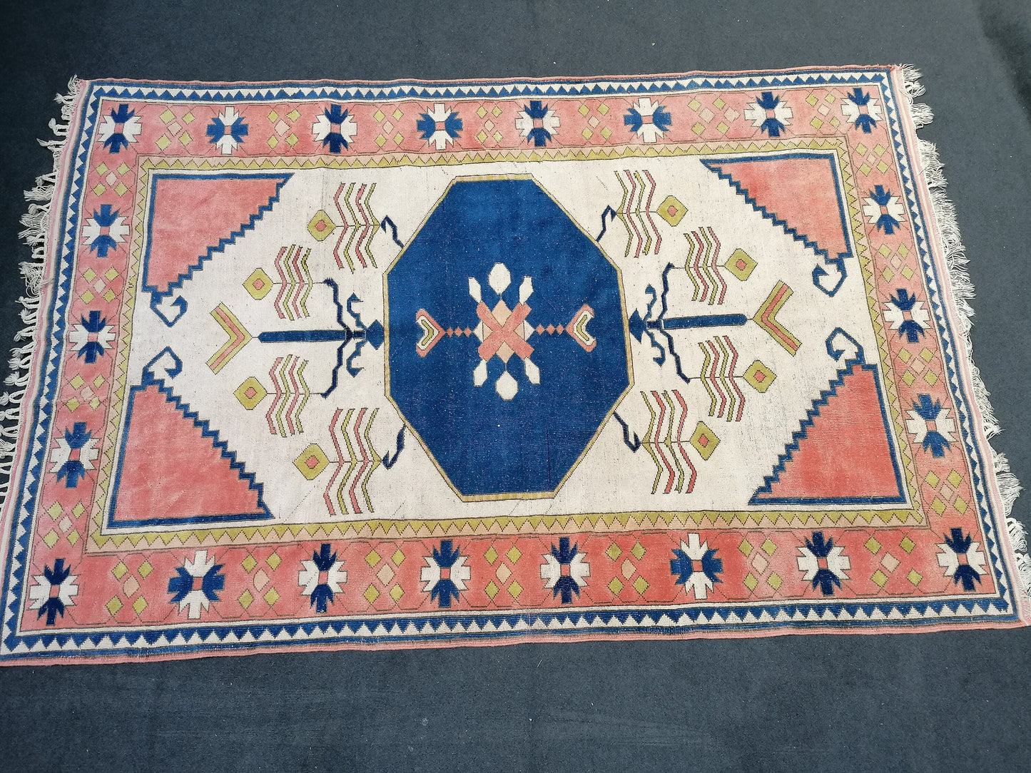 7'2x11 oushak wool rug, large turkish blue rug, vintage hand made rug, living room rug kitchen rug, vintage bohemian rug