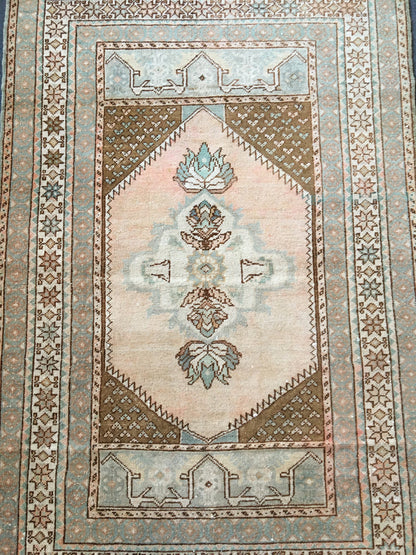 3.5'x5' feet handmade natural wool brown pink rug, turkish bedroom rug, wide oushak living room rug, large bathroom area rug,medium size rug
