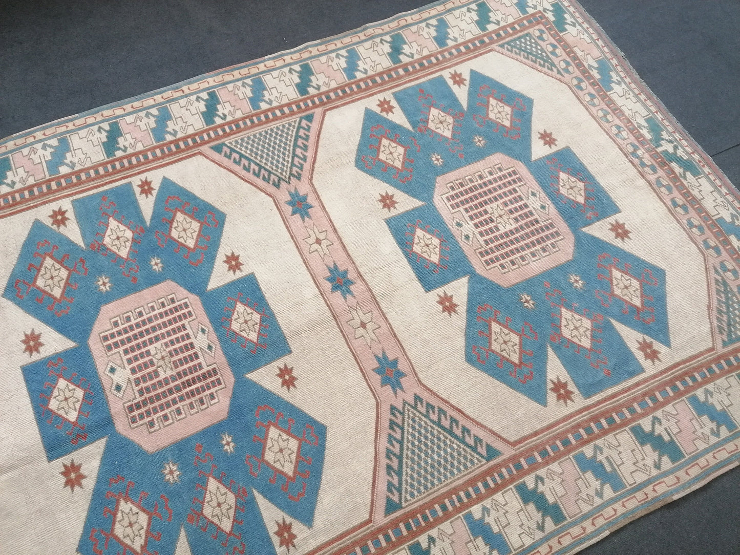 6x8 feet oversize vintage turkish rug, soft oushak handmade rug, pastel blue kitchen area rug, lounge anatolian rug,oversize office area rug