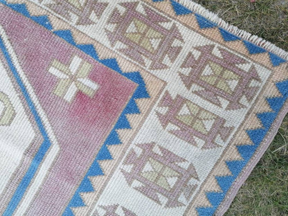Turkish wool rug, vintage hand made rug, oushak pink rug 4'4x6'3 living room rug, area rug