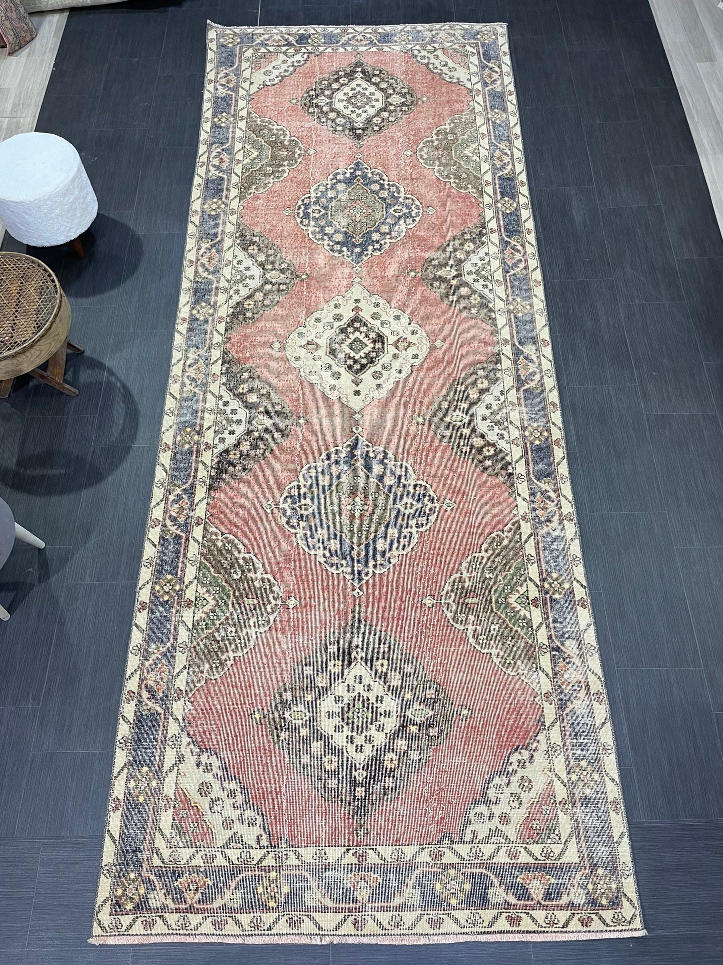 Wool Hand Knotted Runner Rug, Turkish 4.6 x 12.4 Runner Rug, Vintage Runner Rug, Hallway Runner Rug Kitchen Runner Rug, Oushak  Runner Rug