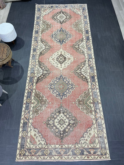 Wool Hand Knotted Runner Rug, Turkish 4.6 x 12.4 Runner Rug, Vintage Runner Rug, Hallway Runner Rug Kitchen Runner Rug, Oushak  Runner Rug