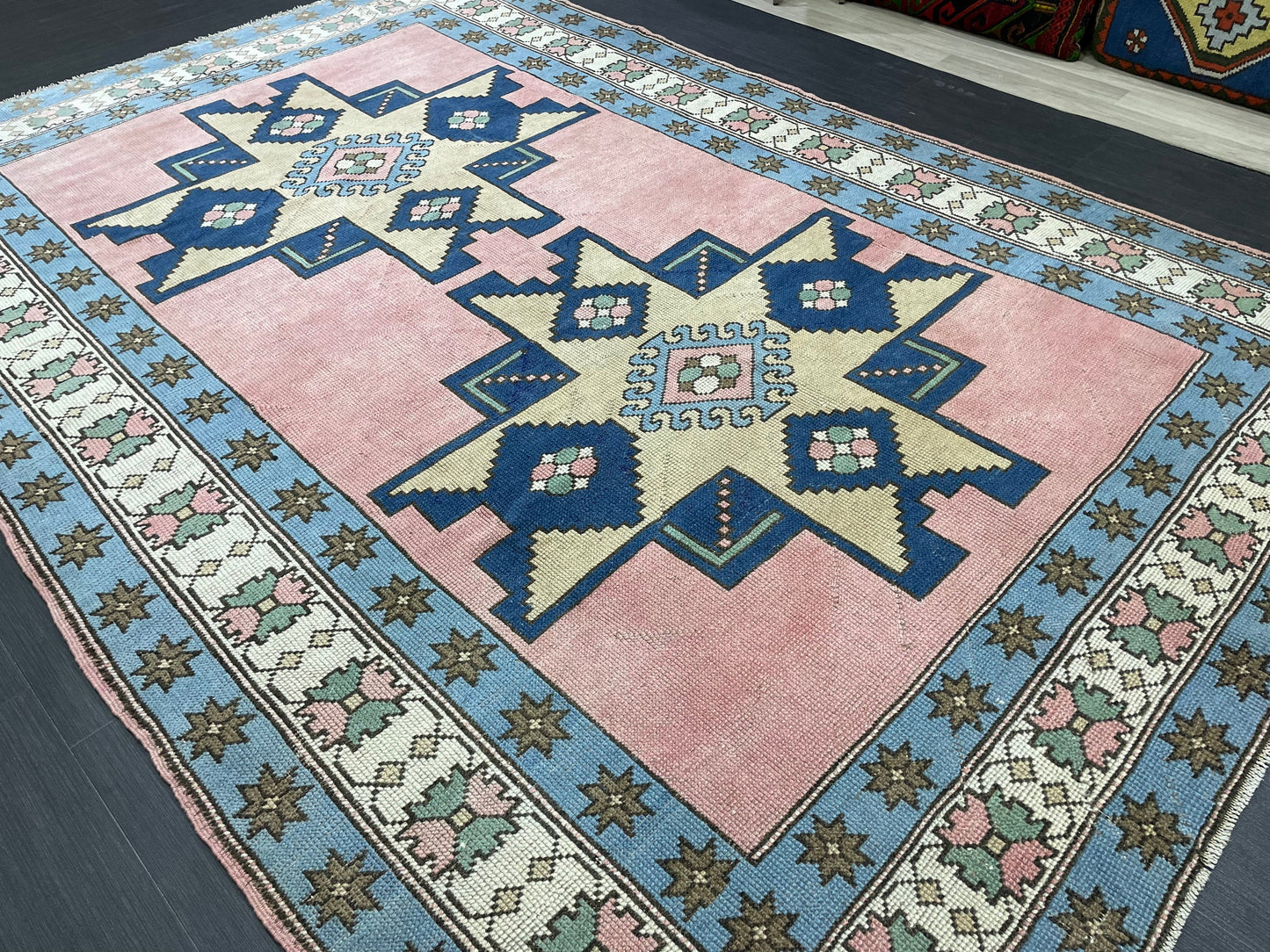 Turkish Rug Vintage 6.6 x 9.8 Rug Antique Rug Vintage Blue Pink Rug Wool